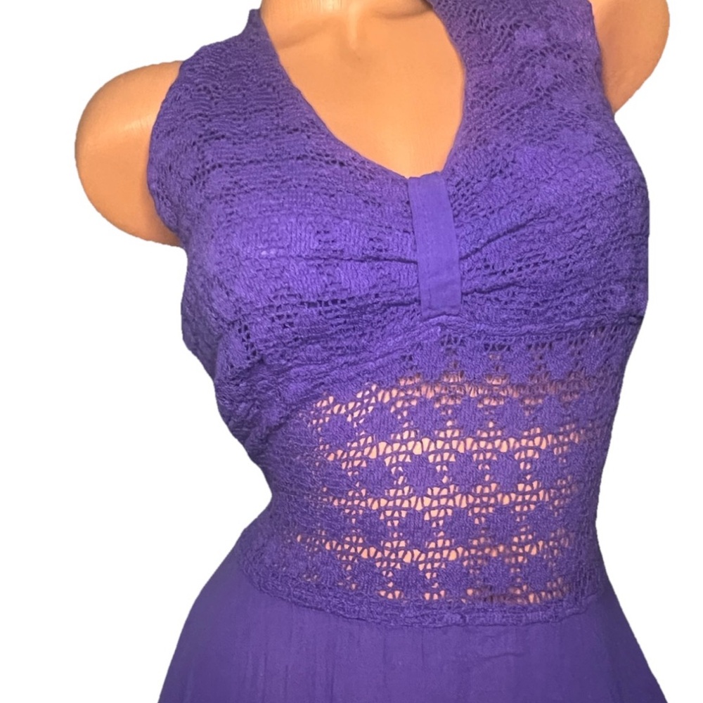 VINTAGE Dress L? Purple Crochet Handkerchief Hem Sundress Ribbon Bohemian